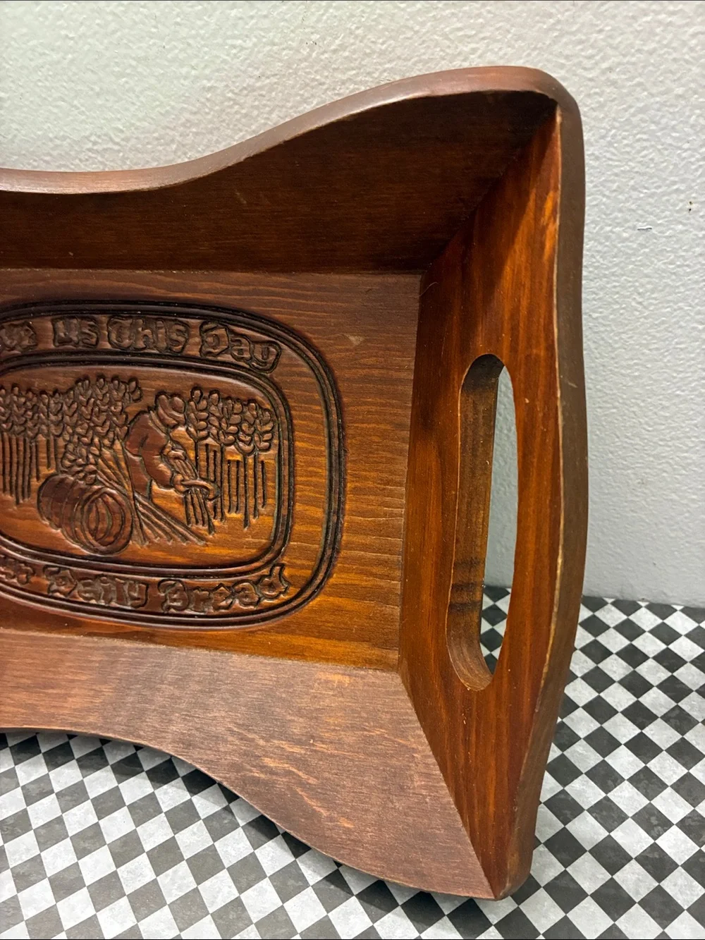 Wooden Serving Tray with Harvest Carved Design - Brown